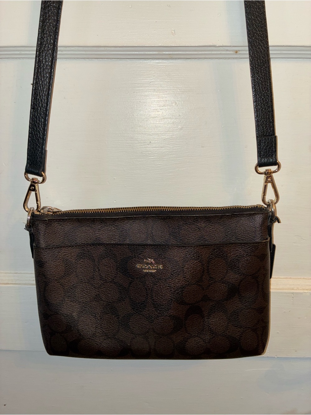 Coach Dark Brown Signature Crossbody Bag with Gold Hardware
